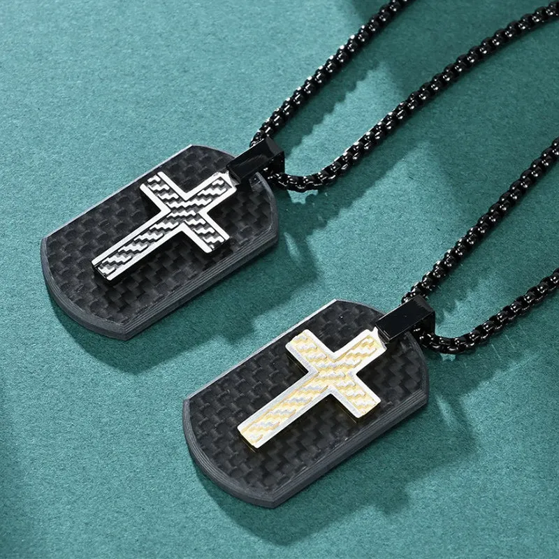 Cross Pendant Black Stainless Steel And Carbon Fiber Tag Necklace