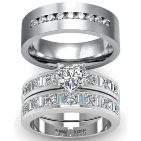 Cubic Zirconia and Heart Crystal & Rhinestone Stainless Steel Wedding Ring Set