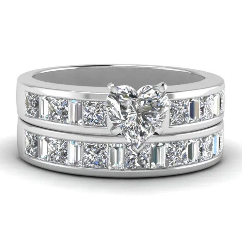 Cubic Zirconia and Heart Crystal & Rhinestone Stainless Steel Wedding Ring Set