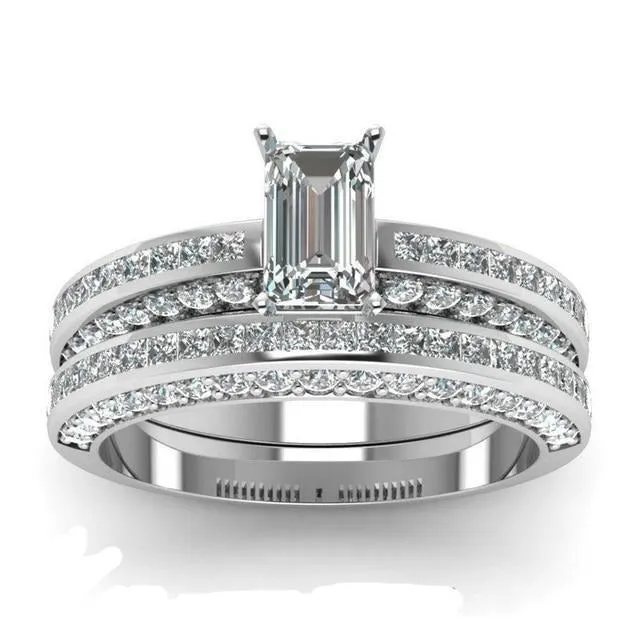 Cubic Zirconia and Plain Stainless Steel Wedding Ring Set