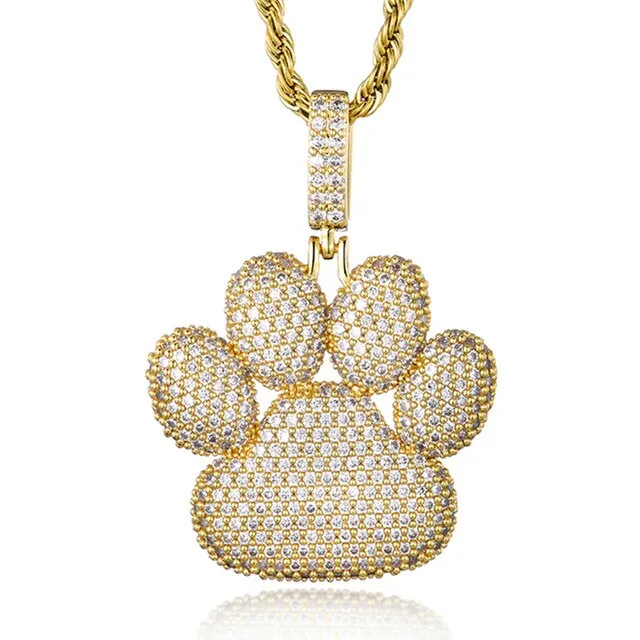 Cubic Zirconia Studded Bear Paw Bling Hip-hop Pendant Necklace