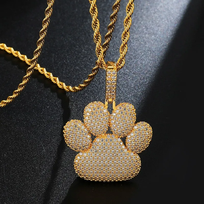 Cubic Zirconia Studded Bear Paw Bling Hip-hop Pendant Necklace