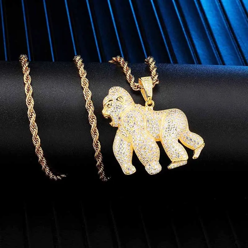 Cubic-Zirconia-Studded Orangutan Bling Rope Chain Hip-hop Pendant Necklace