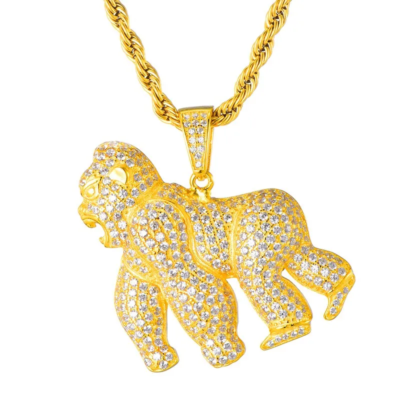 Cubic-Zirconia-Studded Orangutan Bling Rope Chain Hip-hop Pendant Necklace