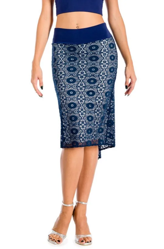 Dark Blue Floral Lace Fishtail Tango Skirt