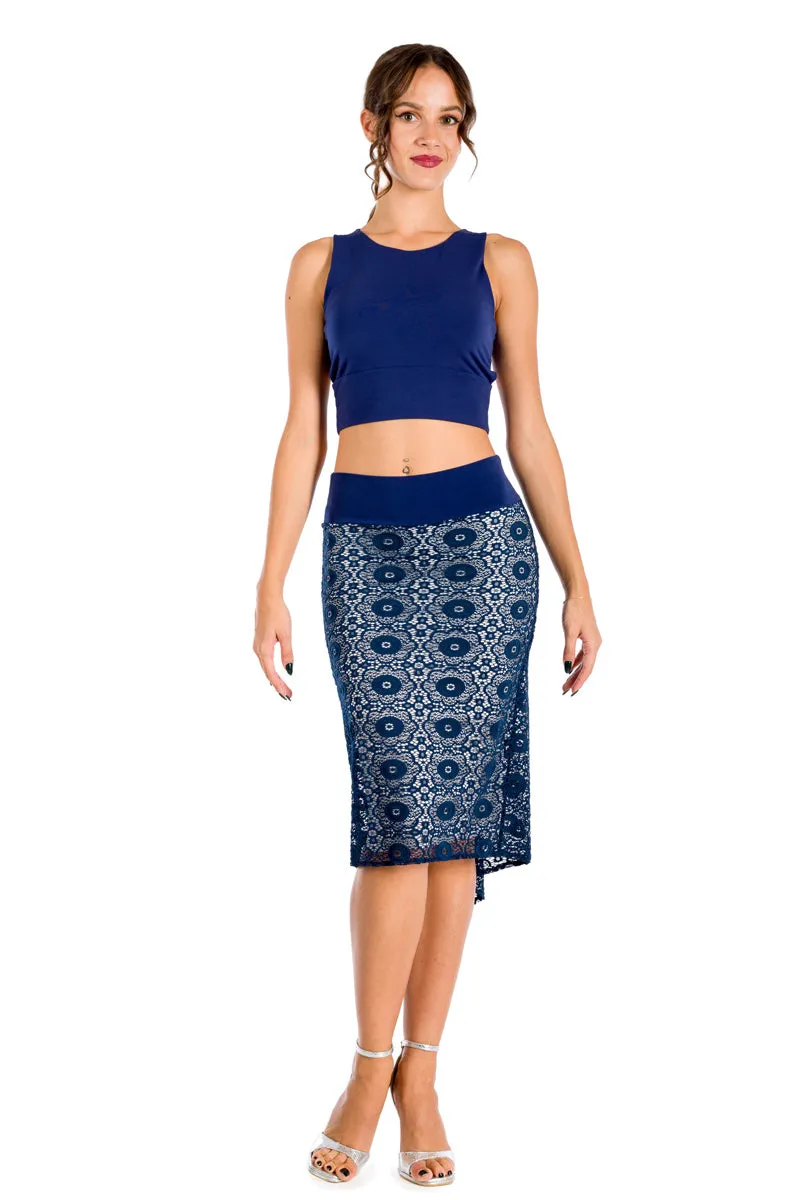 Dark Blue Floral Lace Fishtail Tango Skirt