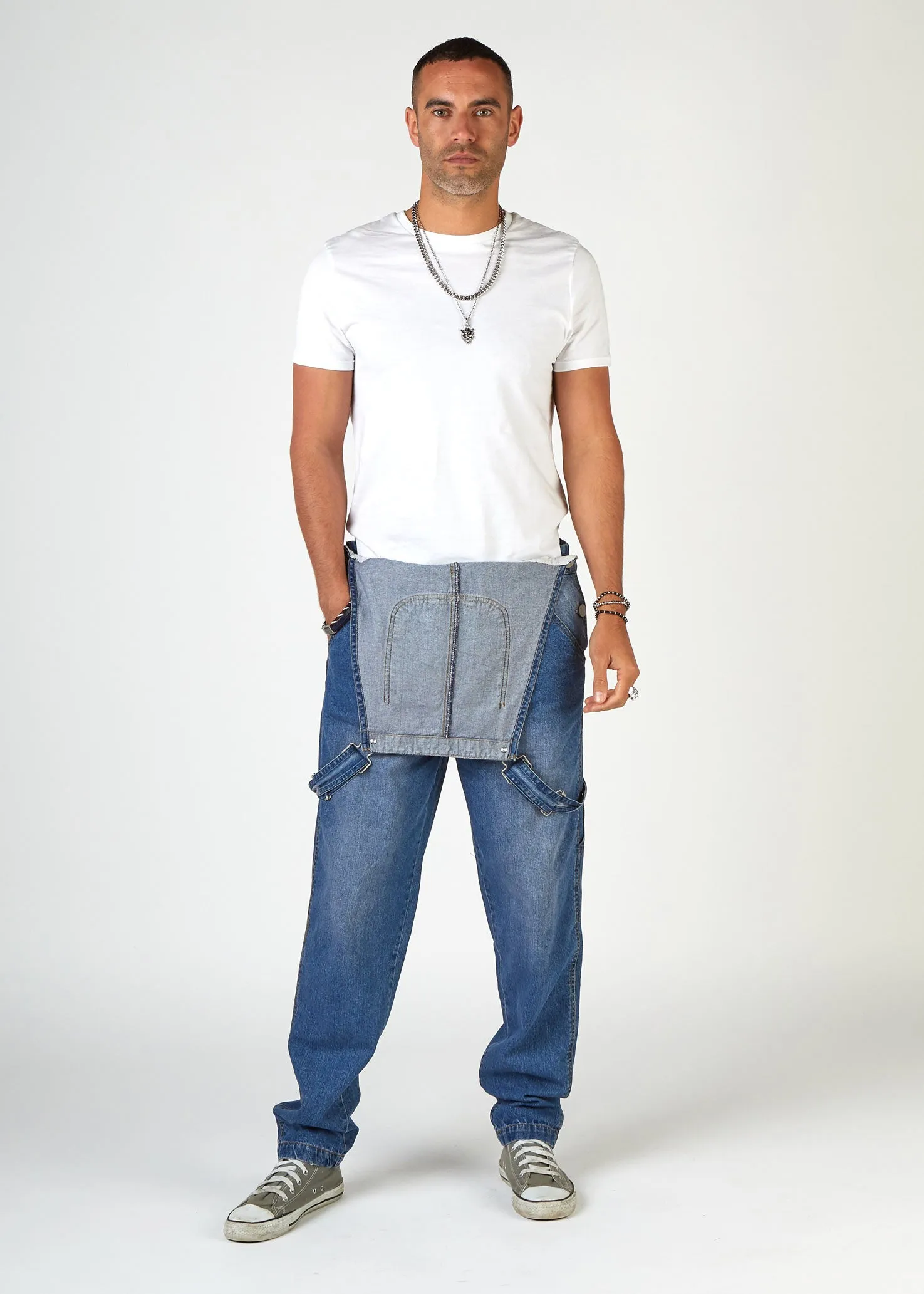 DAVE Mens Loose Fit Dungarees - Stonewash