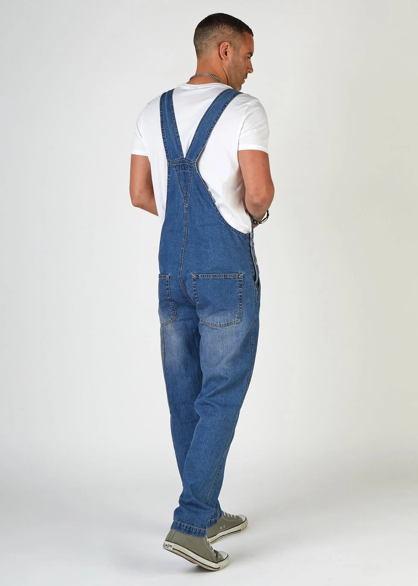 DAVE Mens Loose Fit Dungarees - Stonewash