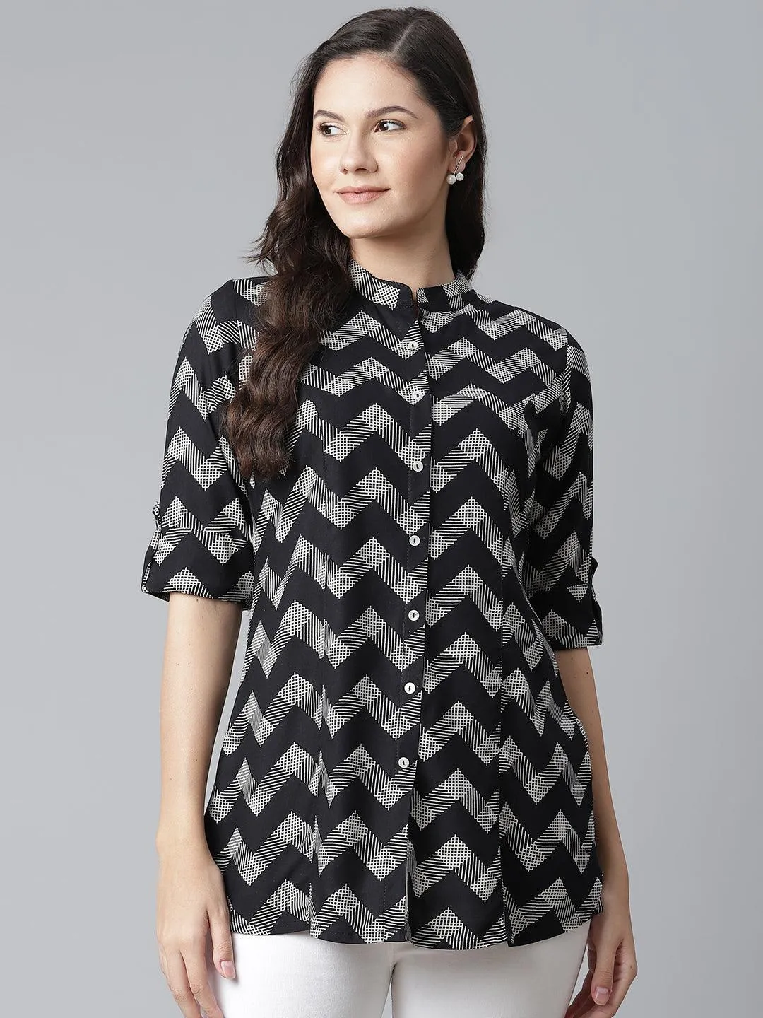 Divena Black Rayon Zigzag Print Shirts Style Top