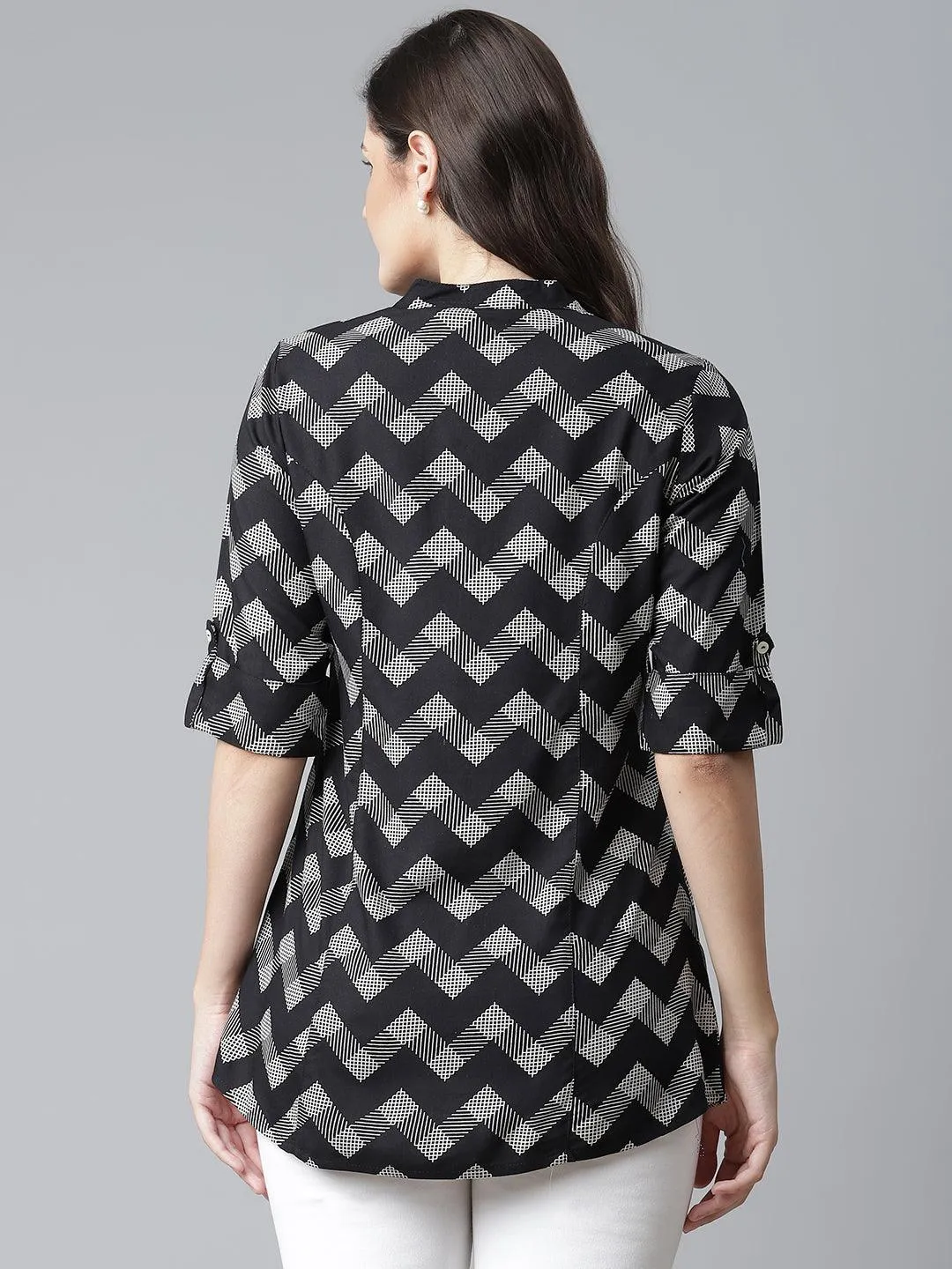 Divena Black Rayon Zigzag Print Shirts Style Top