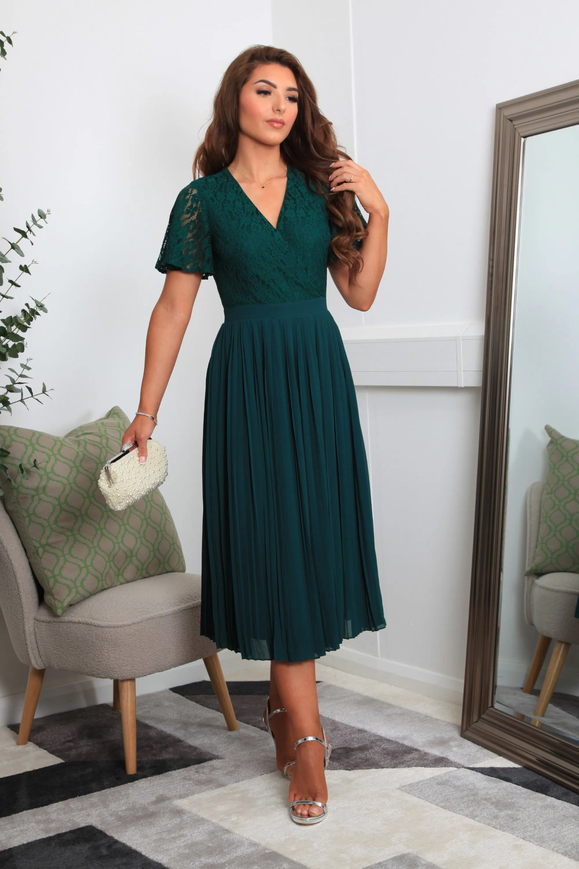 Double Second Green Fixed Wrap Lace Pleated Dress