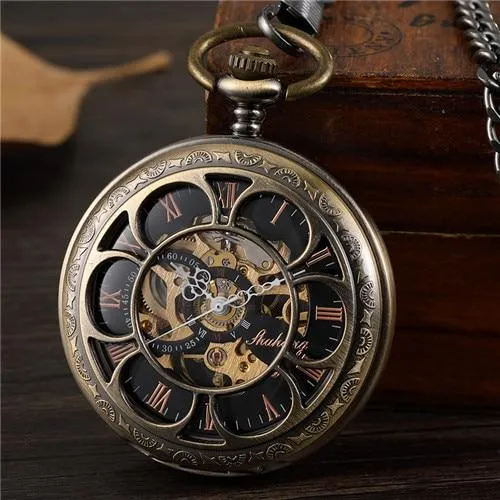 Double-sided Bronze Pocket Watch with Intricate Carved Design