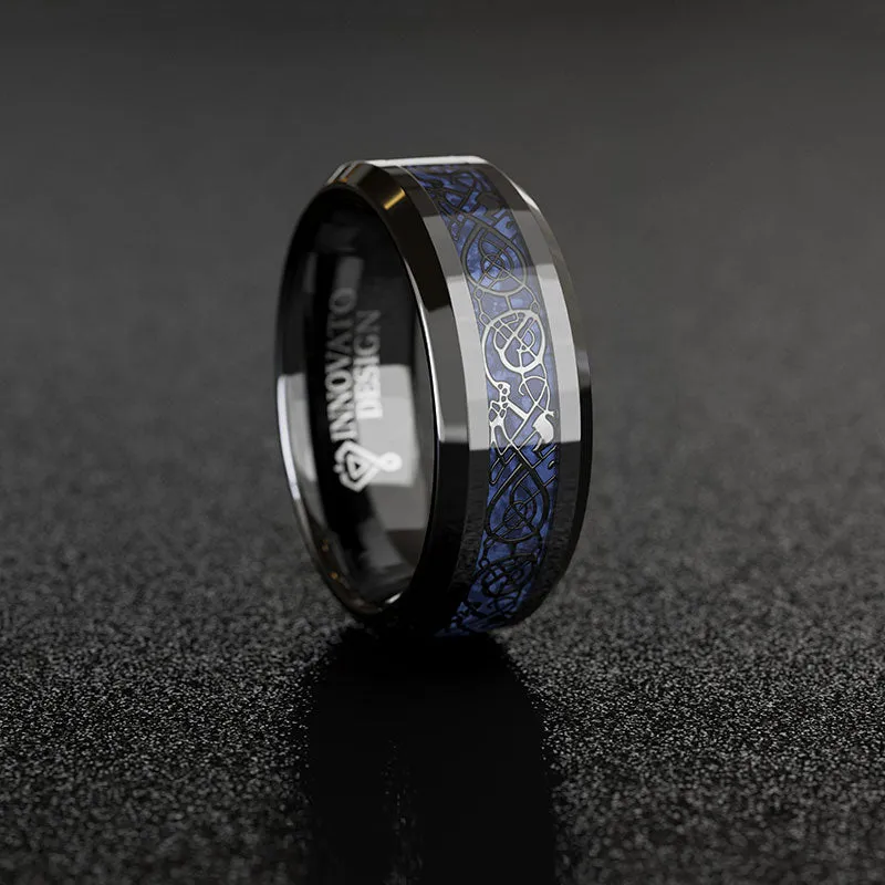 DRAGON Men's 8 mm Blue Carbon Fiber Black Celtic Dragon Tungsten Carbide Ring Wedding Band