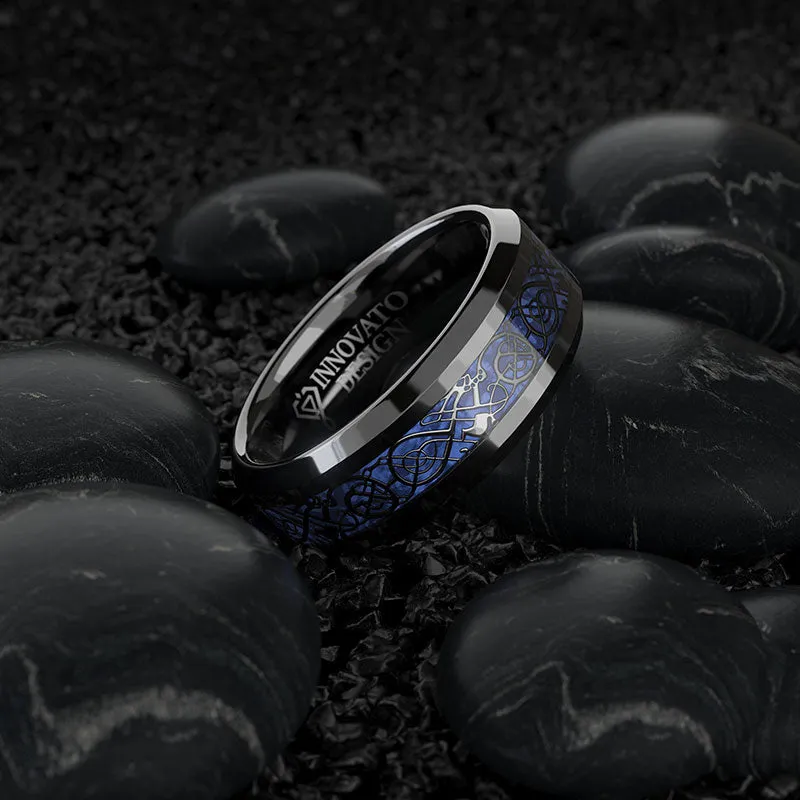 DRAGON Men's 8 mm Blue Carbon Fiber Black Celtic Dragon Tungsten Carbide Ring Wedding Band