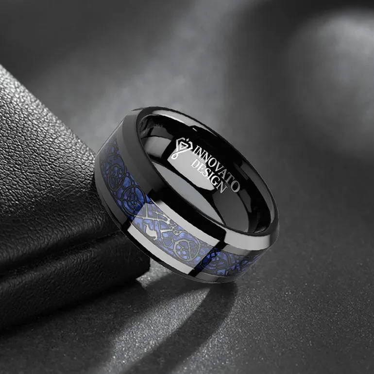 DRAGON Men's 8 mm Blue Carbon Fiber Black Celtic Dragon Tungsten Carbide Ring Wedding Band