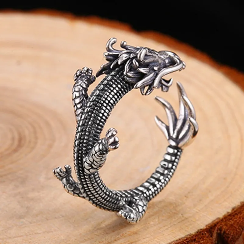 Dragon with Red Cubic Zirconia Eyes 925 Sterling Silver Vintage Biker Ring