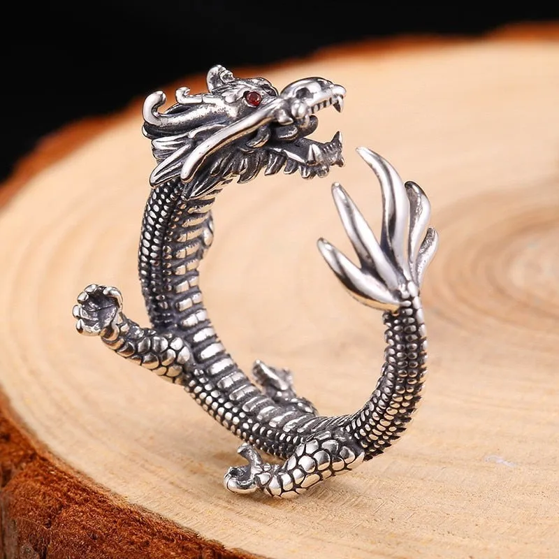 Dragon with Red Cubic Zirconia Eyes 925 Sterling Silver Vintage Biker Ring