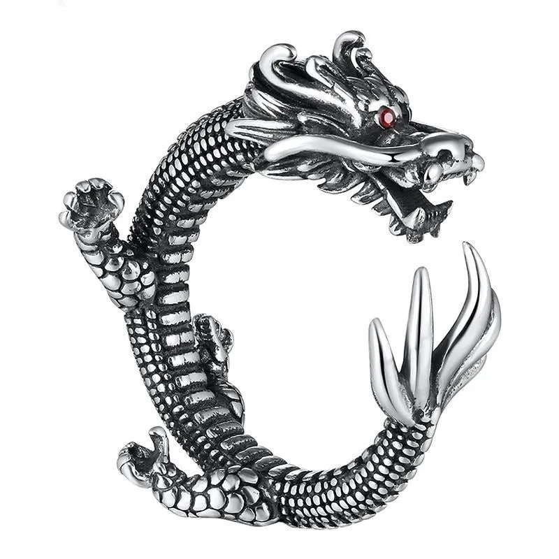 Dragon with Red Cubic Zirconia Eyes 925 Sterling Silver Vintage Biker Ring