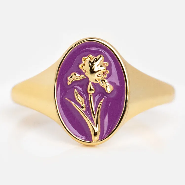 Enamel Birth Flower Signet Ring