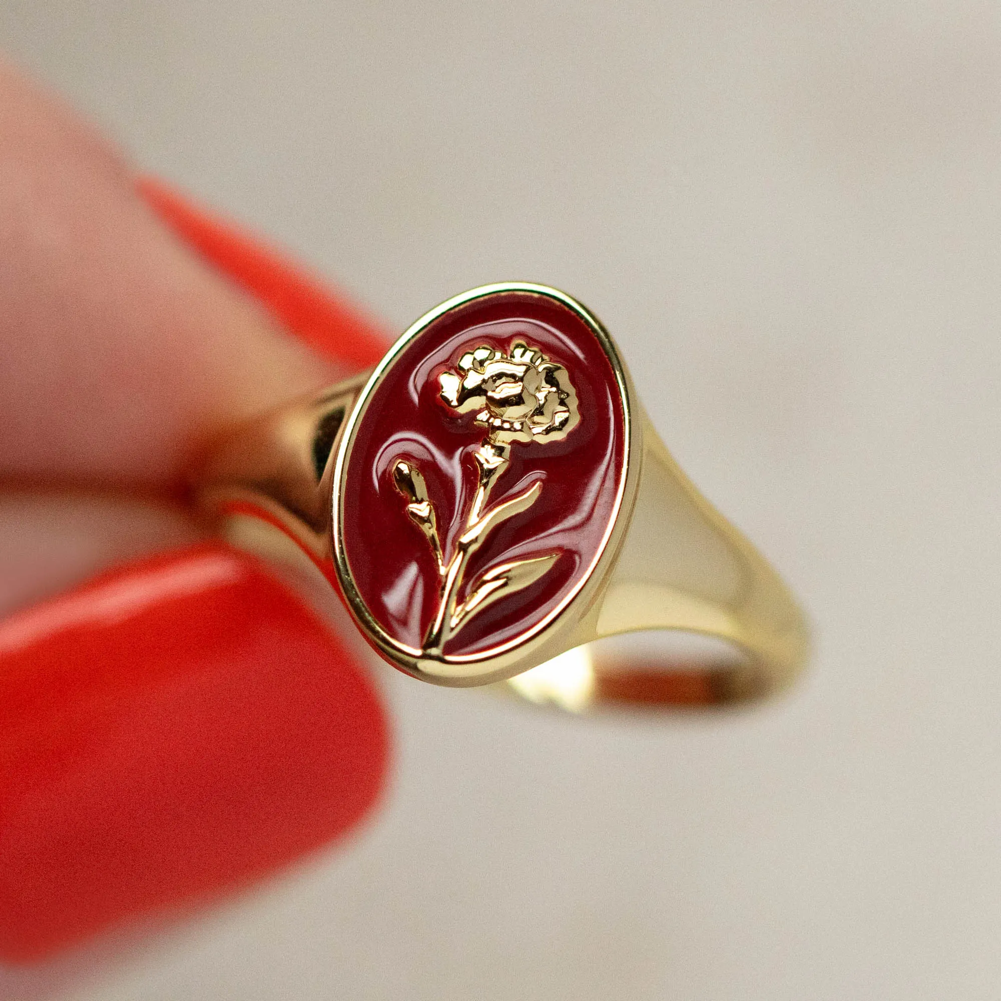 Enamel Birth Flower Signet Ring