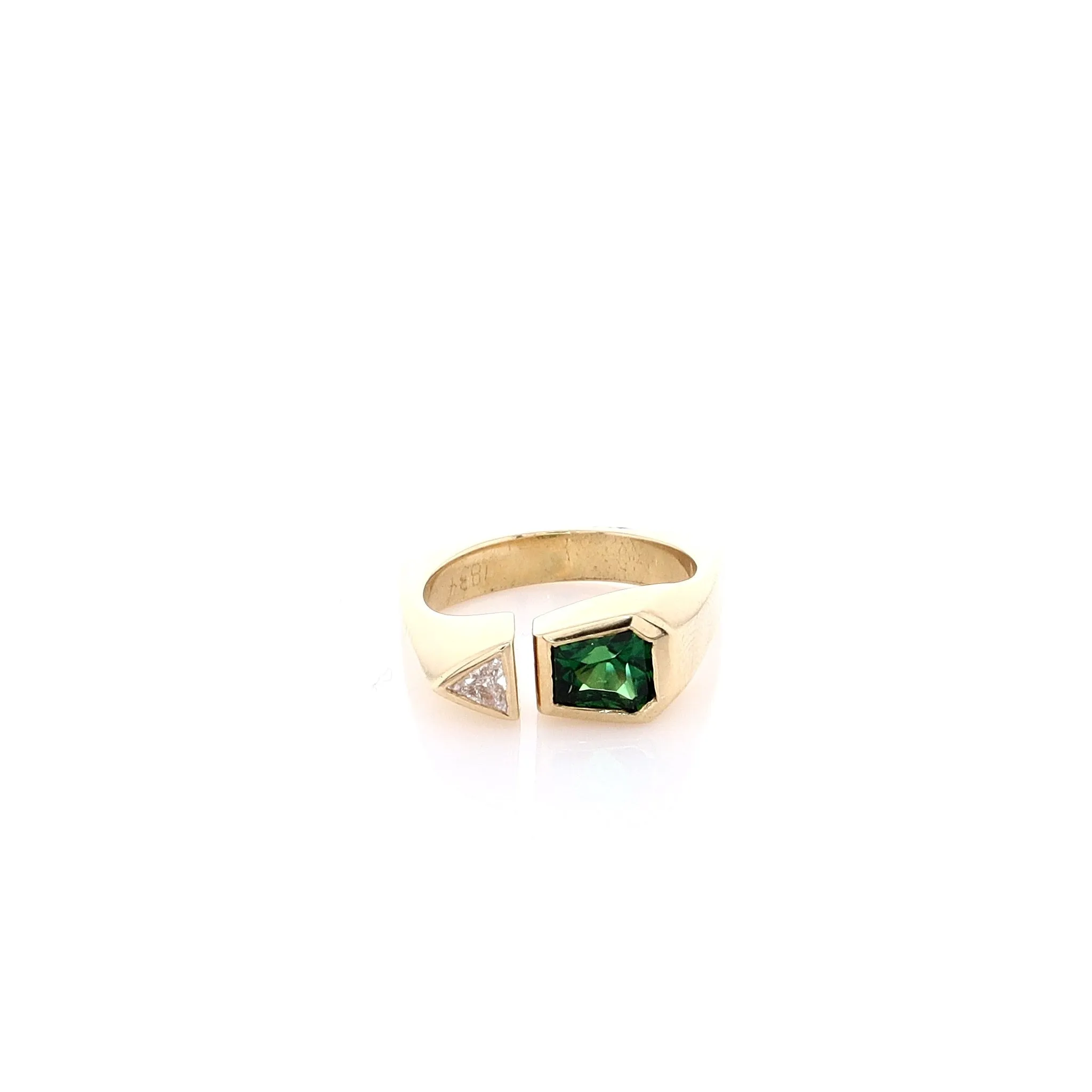 Estate 18k Yellow Gold Bezel Setting with Tapered Hexagonal Green Tourmaline and Euroshank Ring