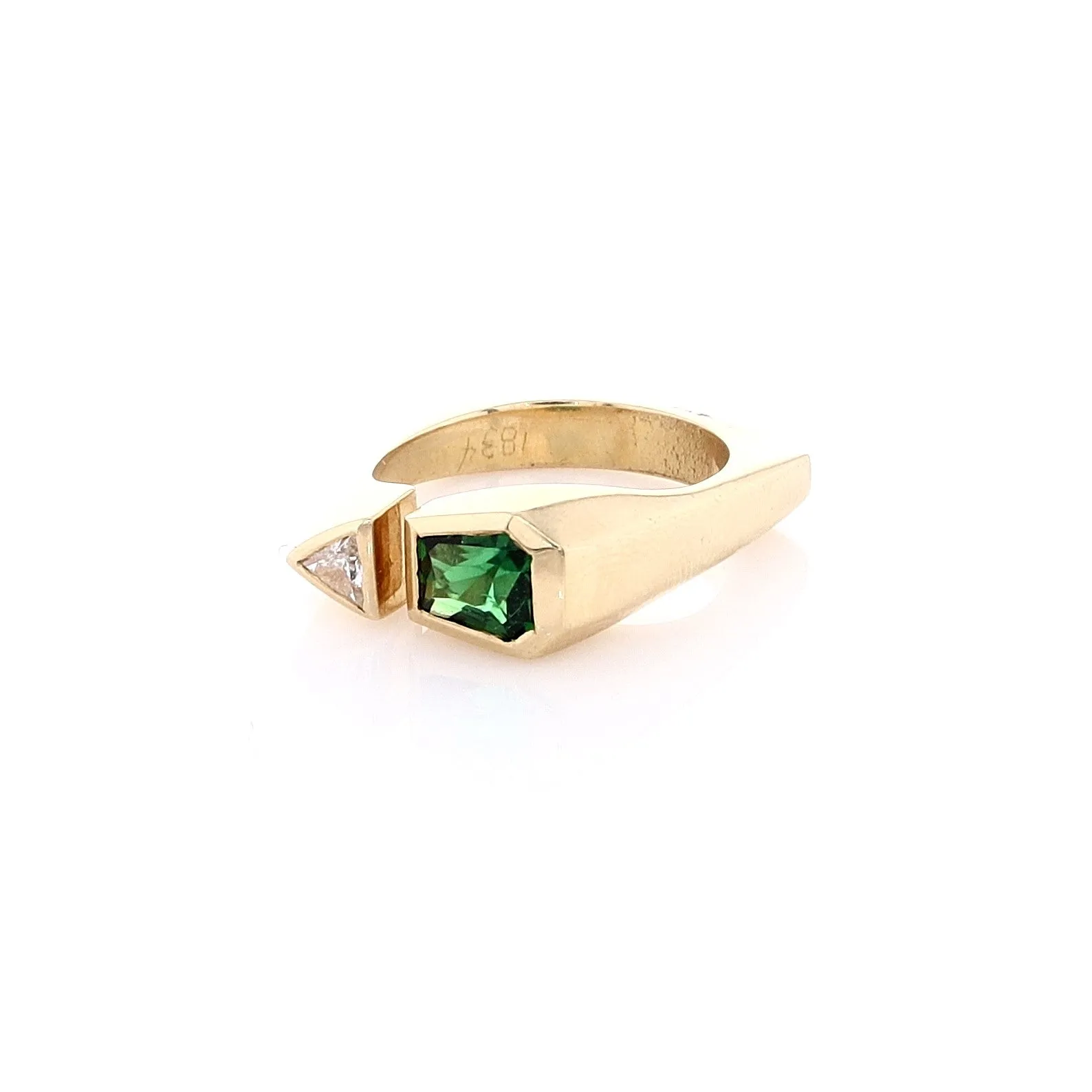 Estate 18k Yellow Gold Bezel Setting with Tapered Hexagonal Green Tourmaline and Euroshank Ring