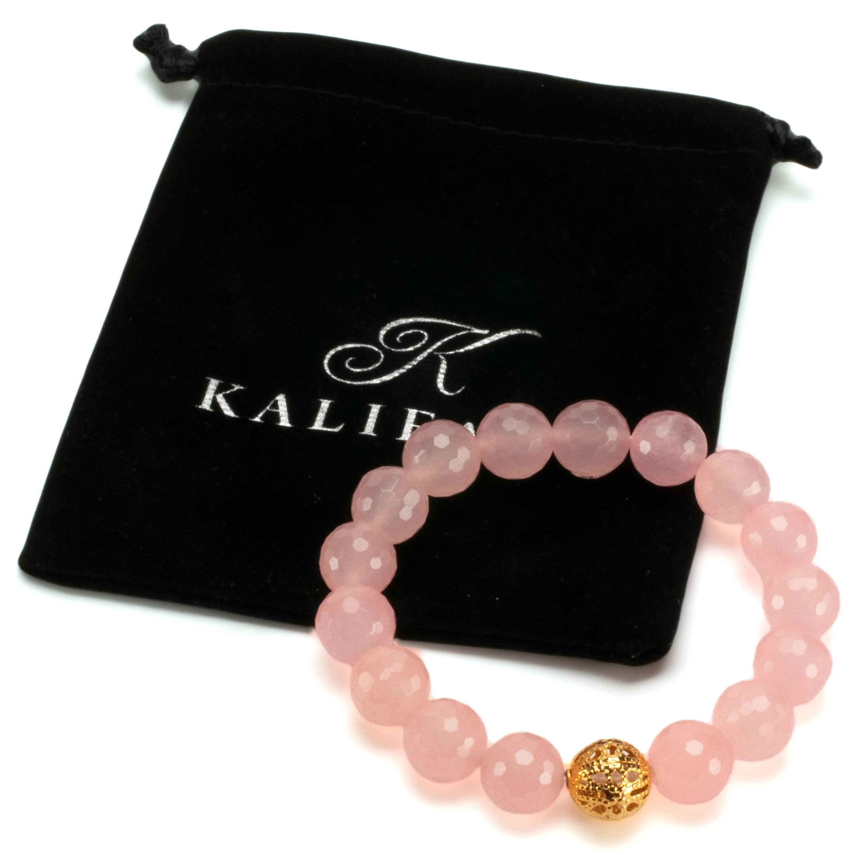 Faceted Rose Quartz 12mm Gemstone Bead Elastic Bracelet with Gold Accent Bead