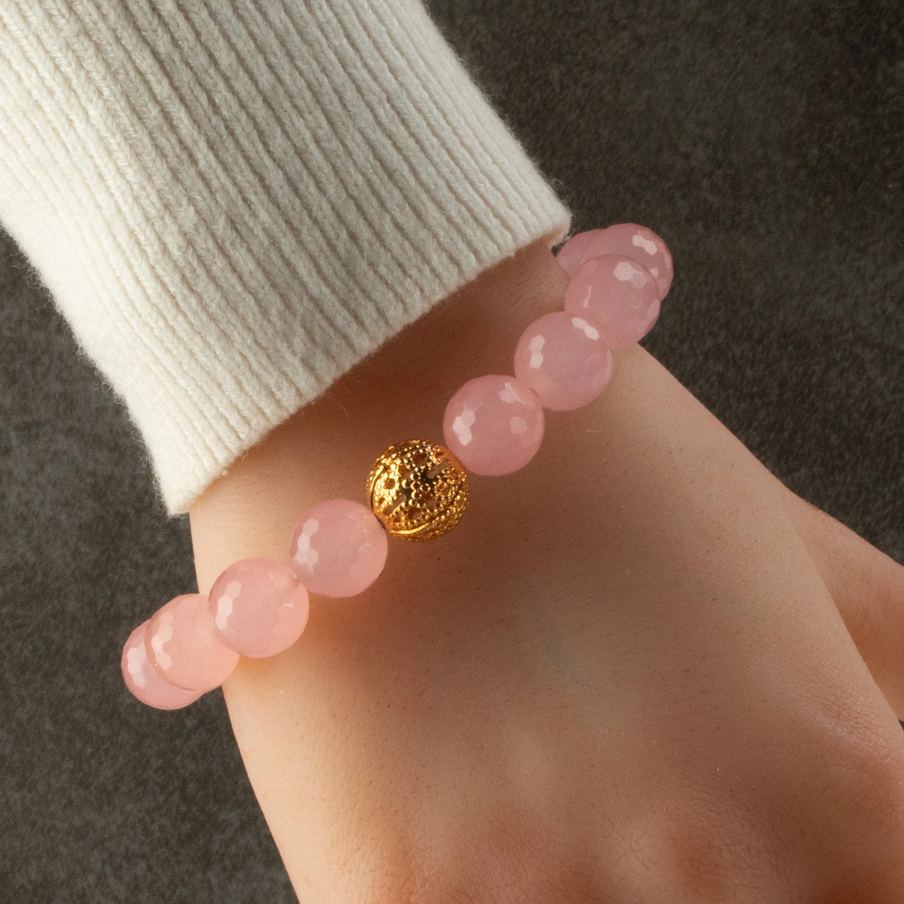 Faceted Rose Quartz 12mm Gemstone Bead Elastic Bracelet with Gold Accent Bead