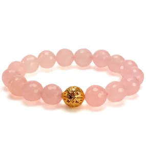 Faceted Rose Quartz 12mm Gemstone Bead Elastic Bracelet with Gold Accent Bead