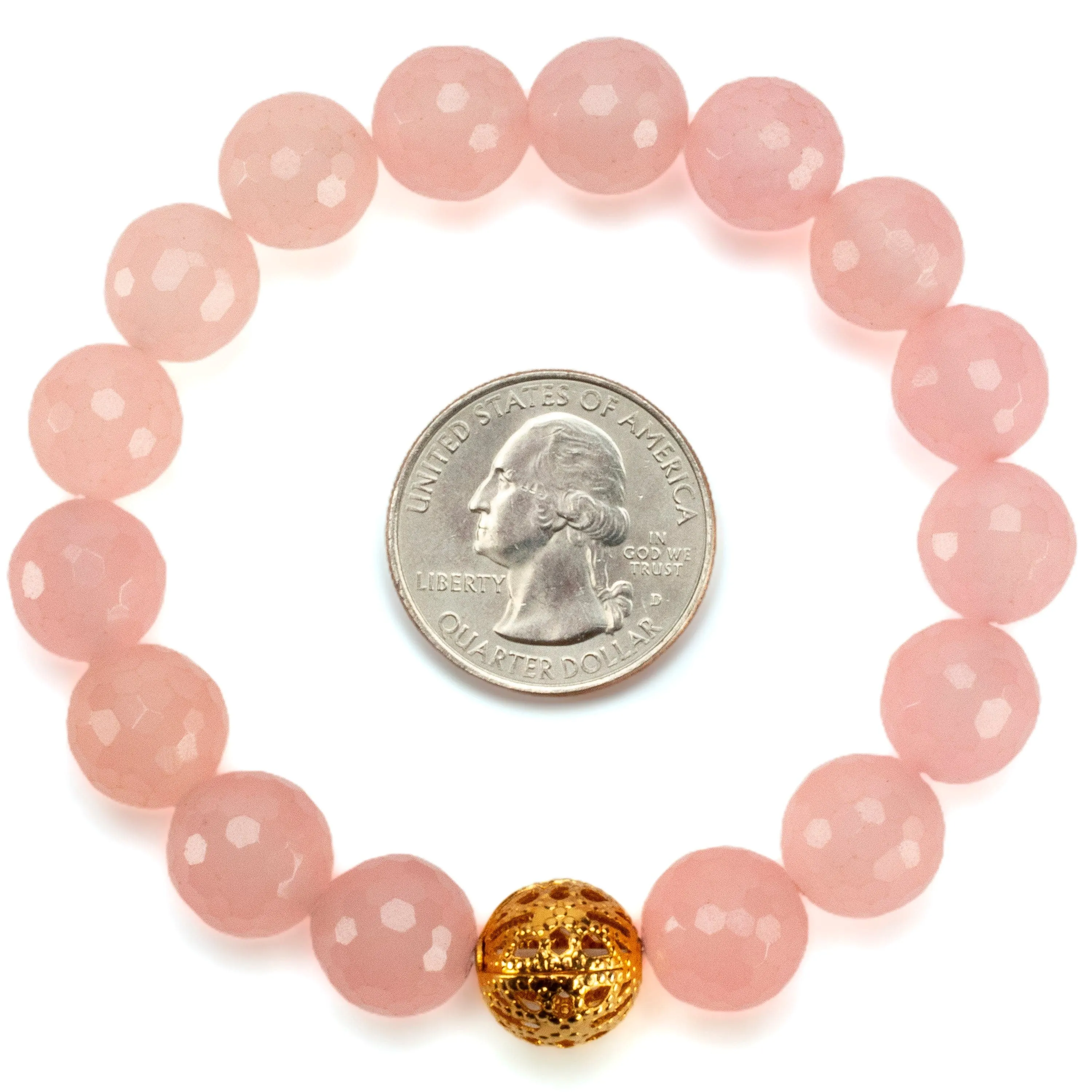 Faceted Rose Quartz 12mm Gemstone Bead Elastic Bracelet with Gold Accent Bead