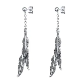 Feather Link Chain Tassel Stainless Steel Hip-hop Stud Earrings