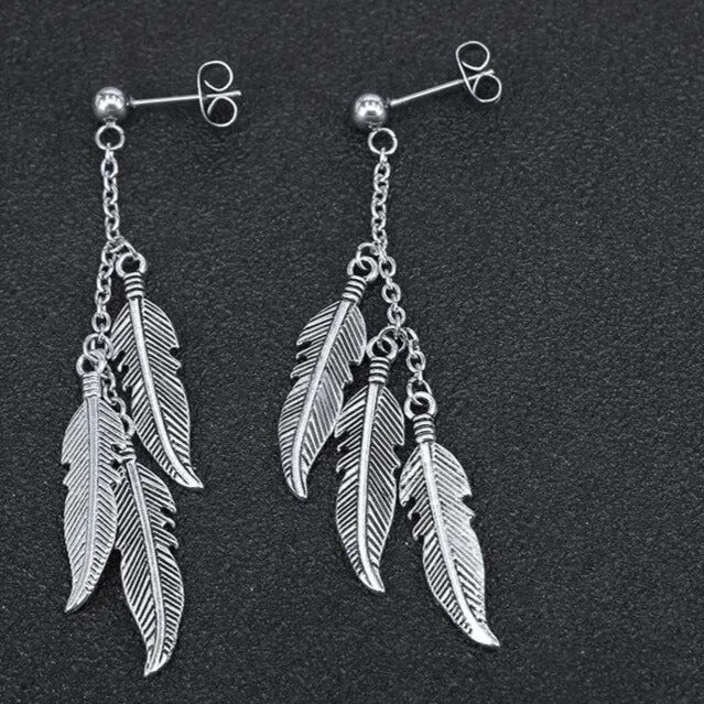 Feather Link Chain Tassel Stainless Steel Hip-hop Stud Earrings