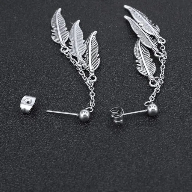 Feather Link Chain Tassel Stainless Steel Hip-hop Stud Earrings