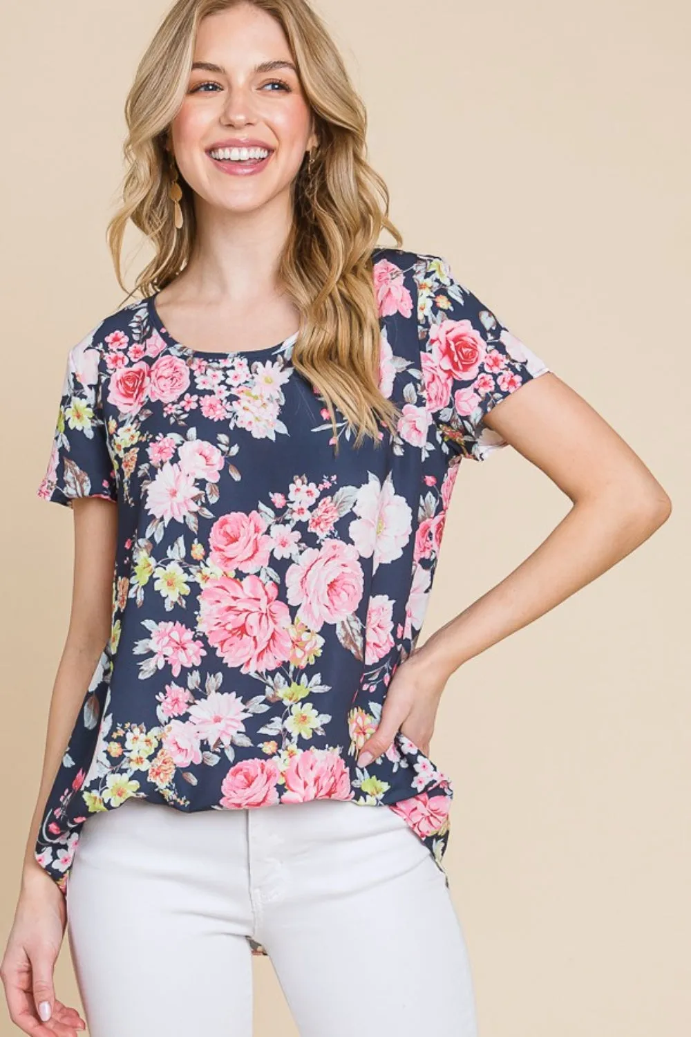 Floral Print Round Neck Short Sleeve T-Shirt