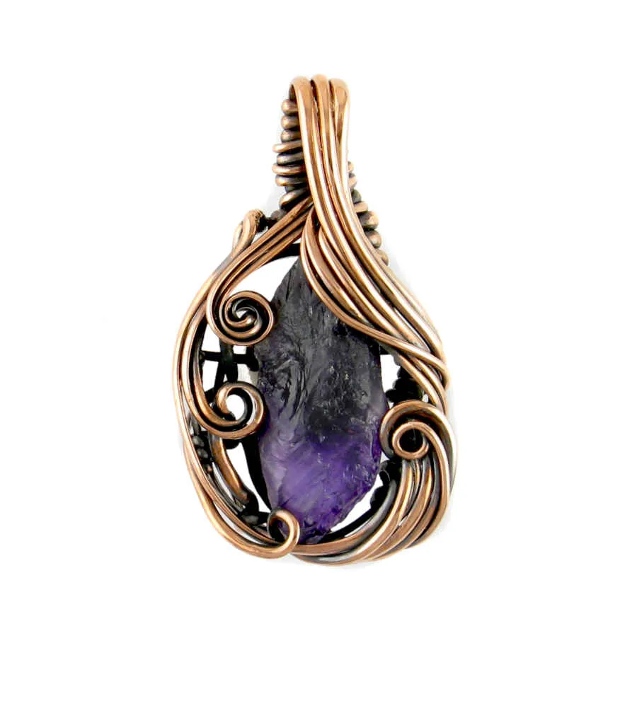 Freeform Swirl Raw Dark Amethyst Crystal Oxidized Copper Pendant, 100% Handmade OOAK, Style B