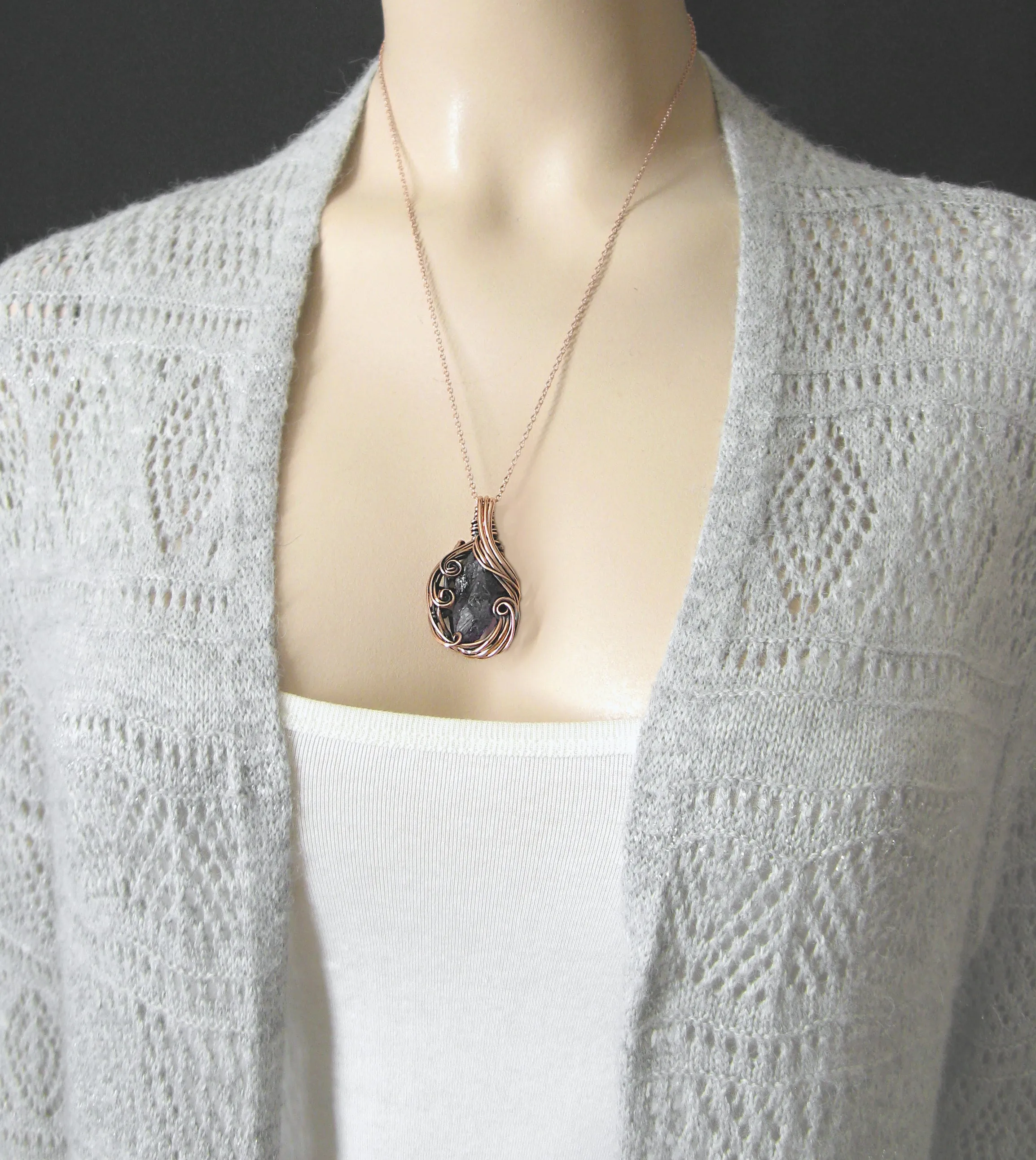 Freeform Swirl Raw Dark Amethyst Crystal Oxidized Copper Pendant, 100% Handmade OOAK, Style B