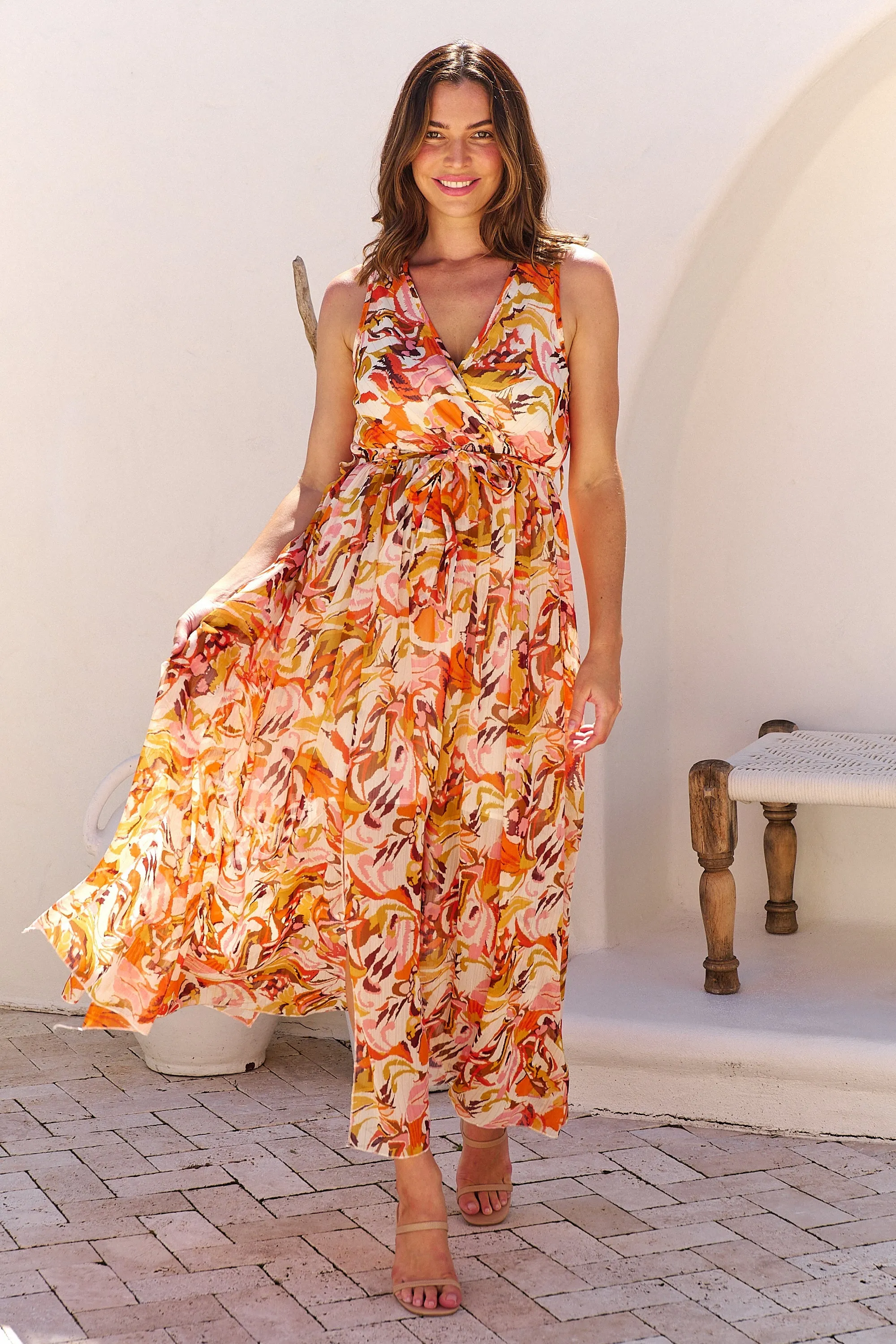 Gillian Orange/Brown/Mustard Print Maxi Dress