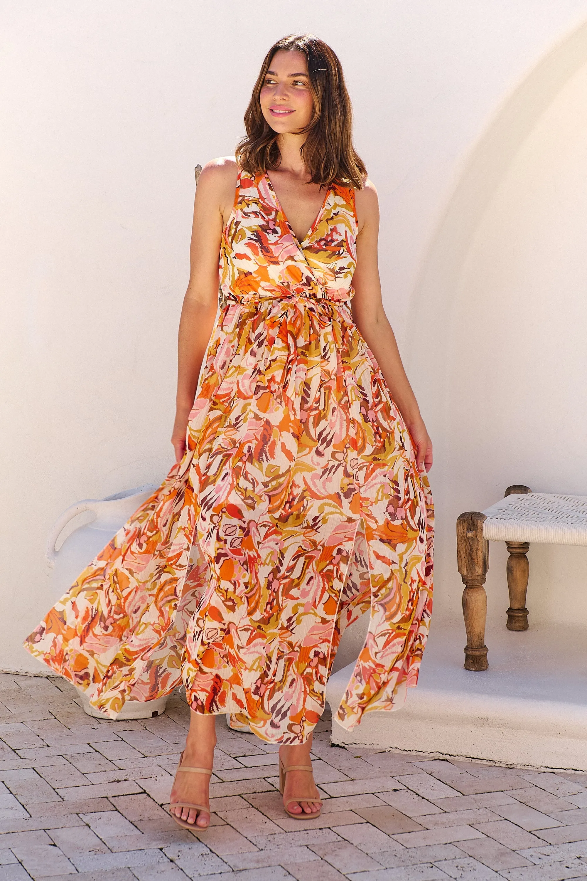 Gillian Orange/Brown/Mustard Print Maxi Dress