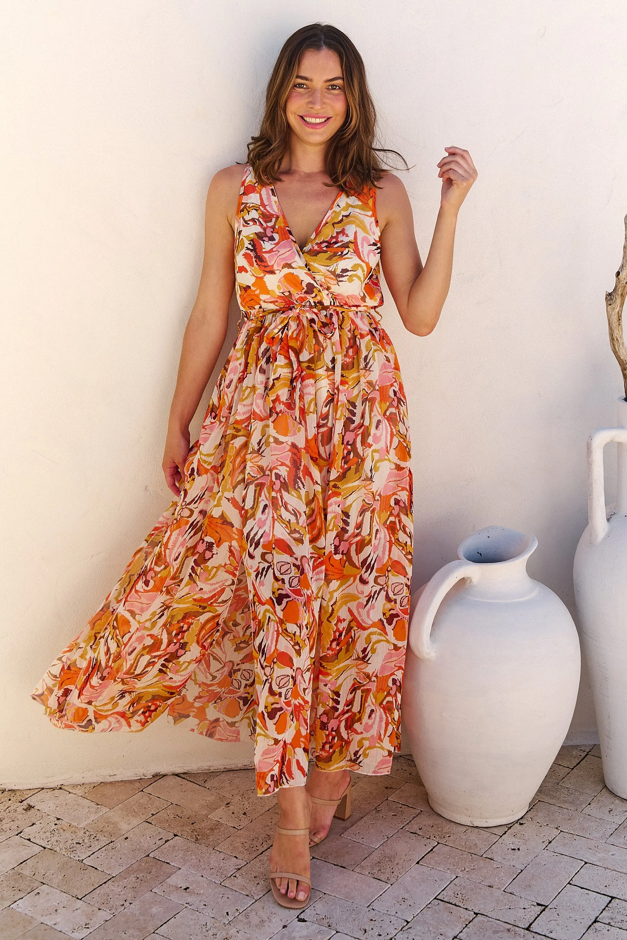 Gillian Orange/Brown/Mustard Print Maxi Dress