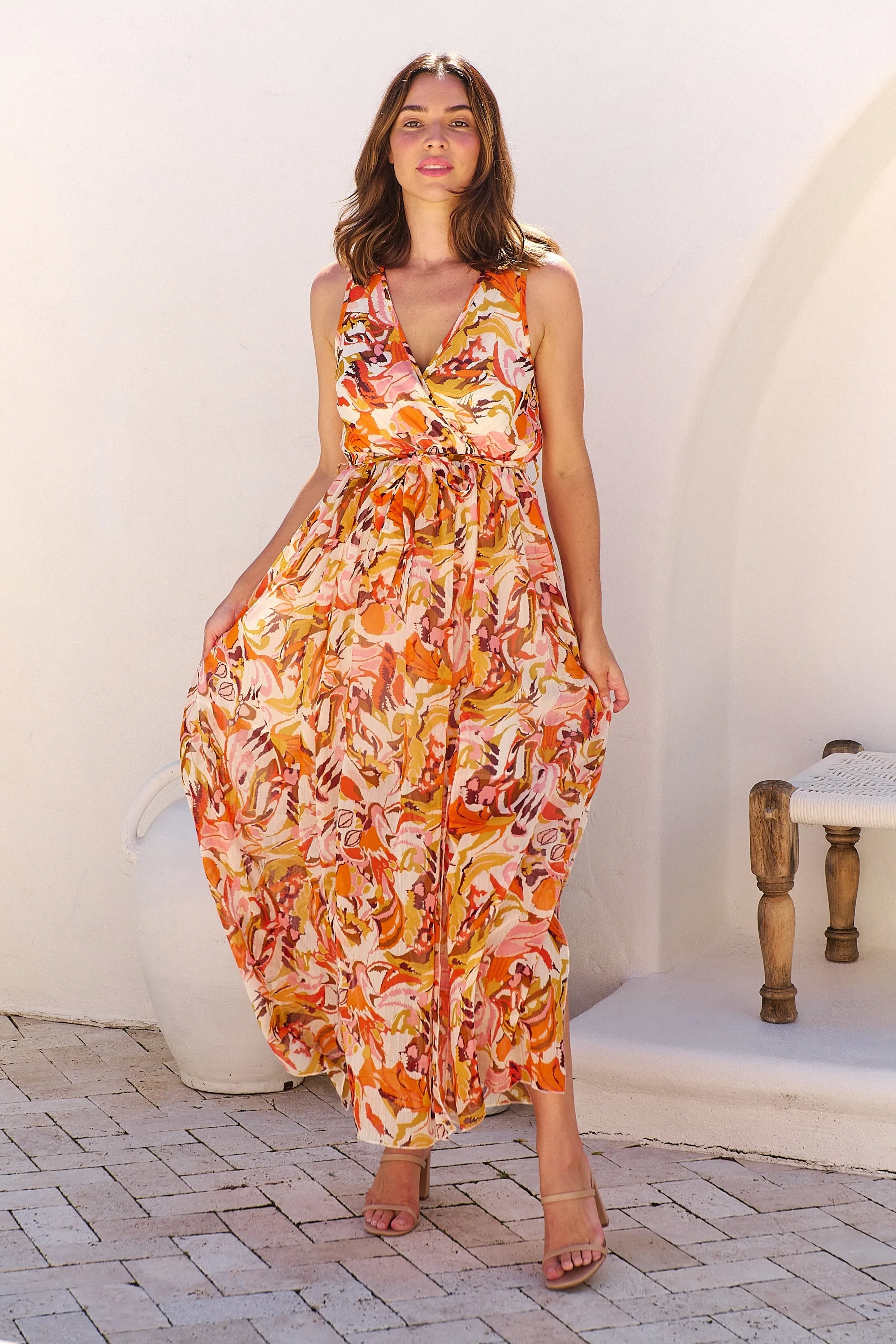 Gillian Orange/Brown/Mustard Print Maxi Dress