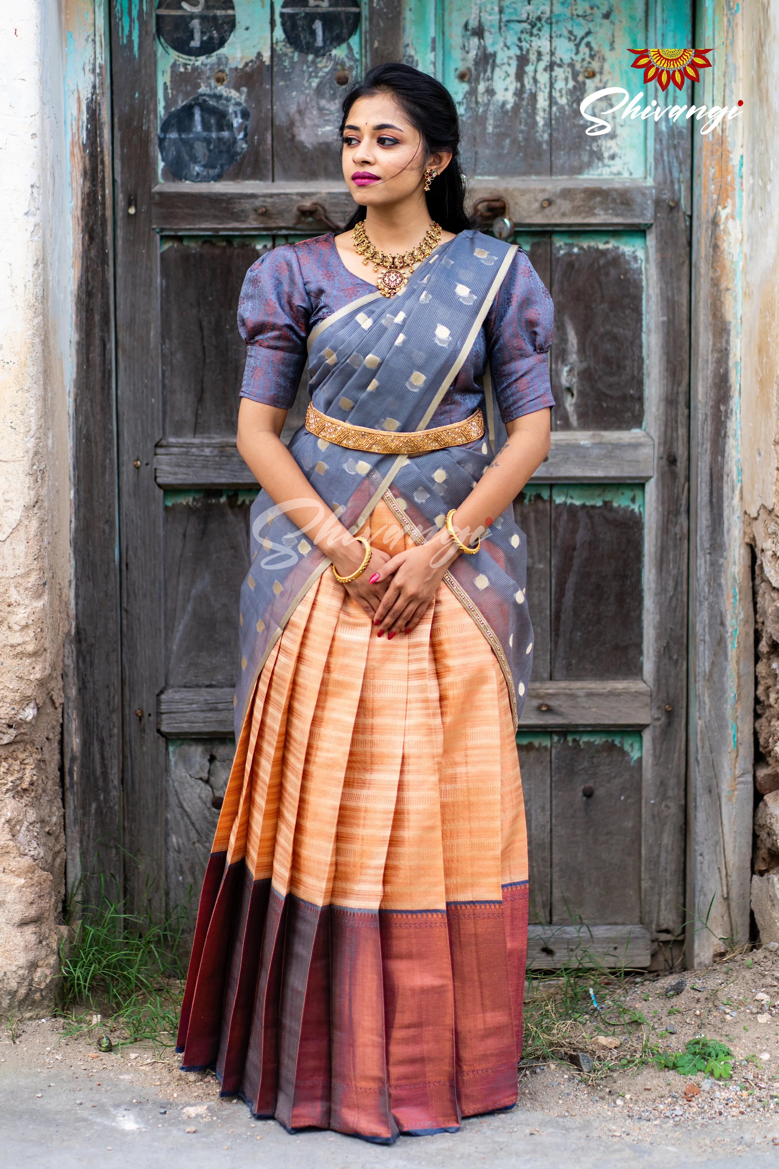 Girls Grey Golden Rail Half Saree for Girls and Women