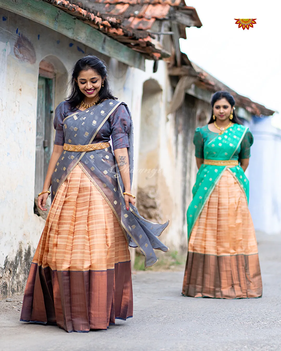 Girls Grey Golden Rail Half Saree for Girls and Women