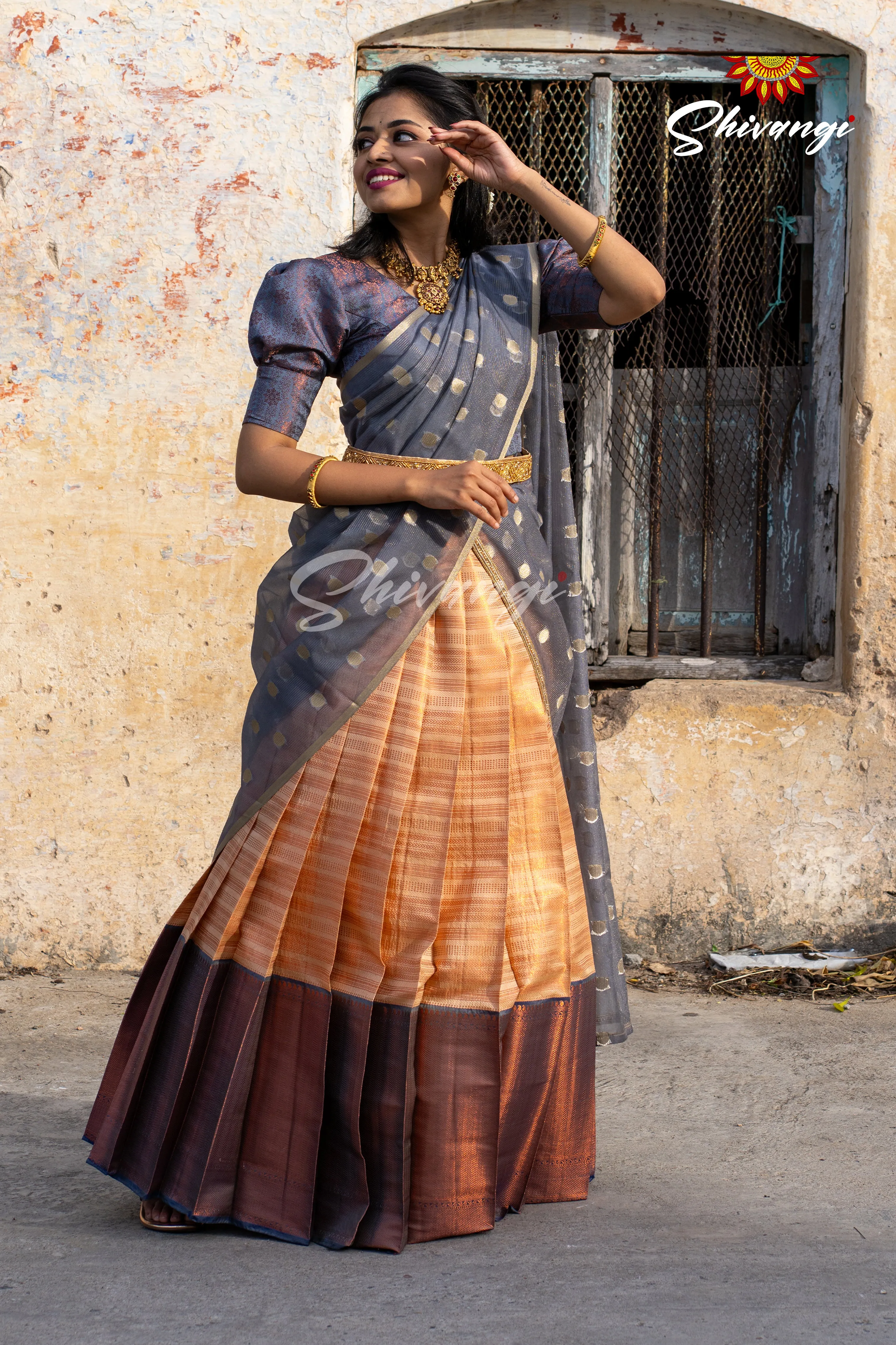 Girls Grey Golden Rail Half Saree for Girls and Women