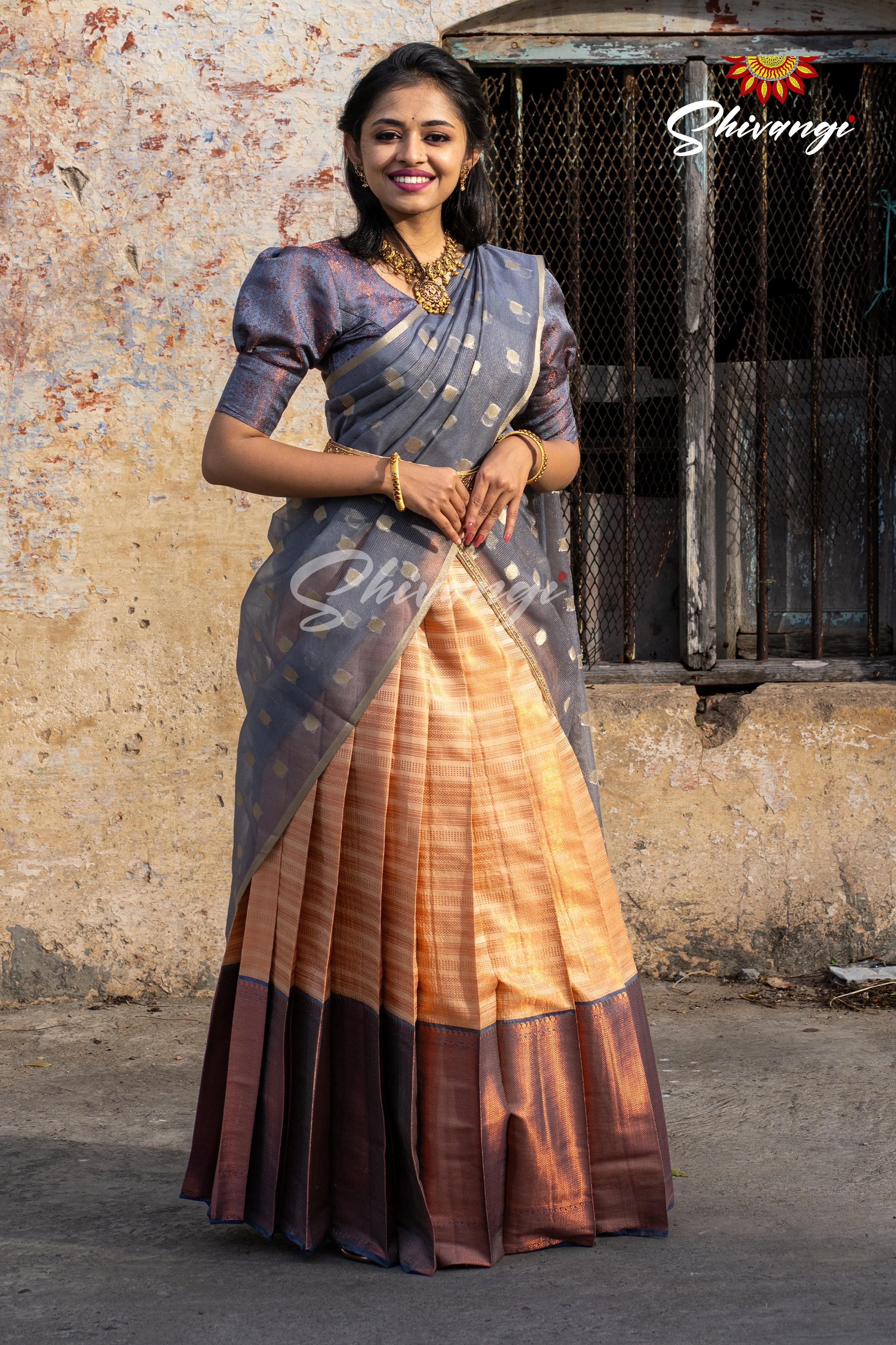 Girls Grey Golden Rail Half Saree for Girls and Women