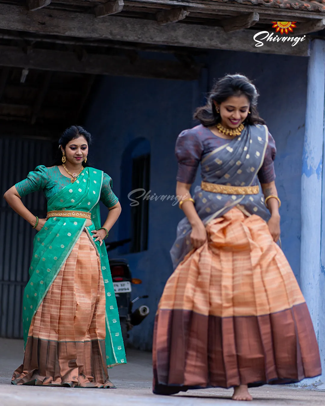 Girls Grey Golden Rail Half Saree for Girls and Women