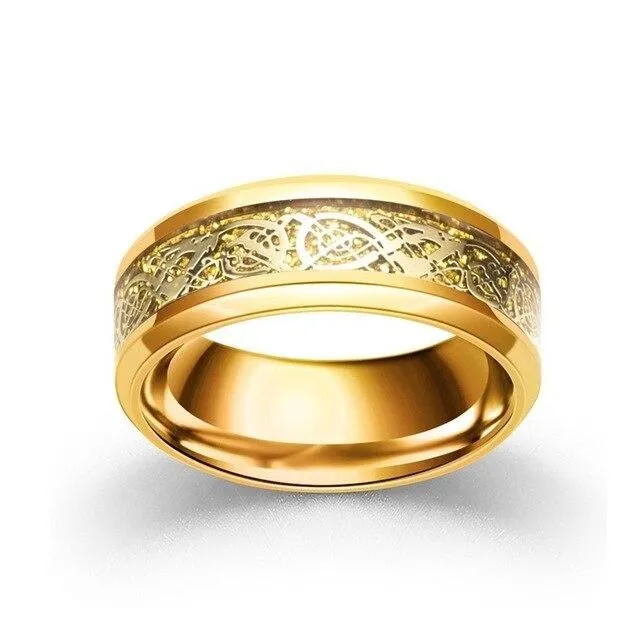 Gold Celtic Dragon Inlay and Cubic Zirconia Stainless Steel Wedding Ring Set