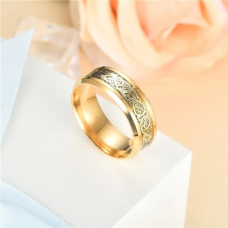 Gold Celtic Dragon Inlay and Cubic Zirconia Stainless Steel Wedding Ring Set