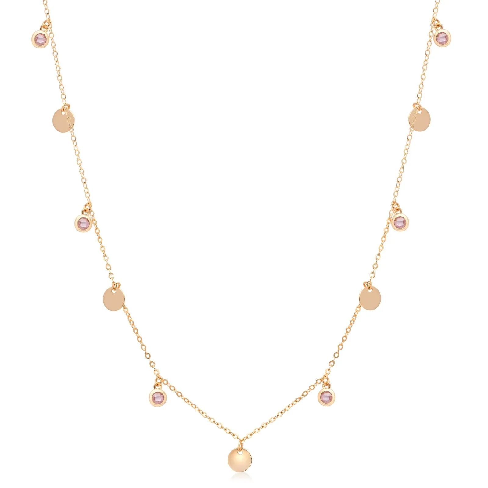 Gold Disc and Pink Tourmaline Drop Station Necklace  Bezel