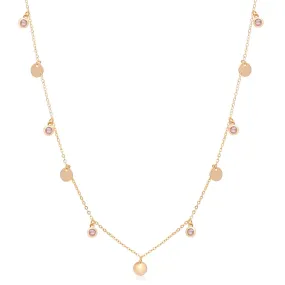 Gold Disc and Pink Tourmaline Drop Station Necklace  Bezel