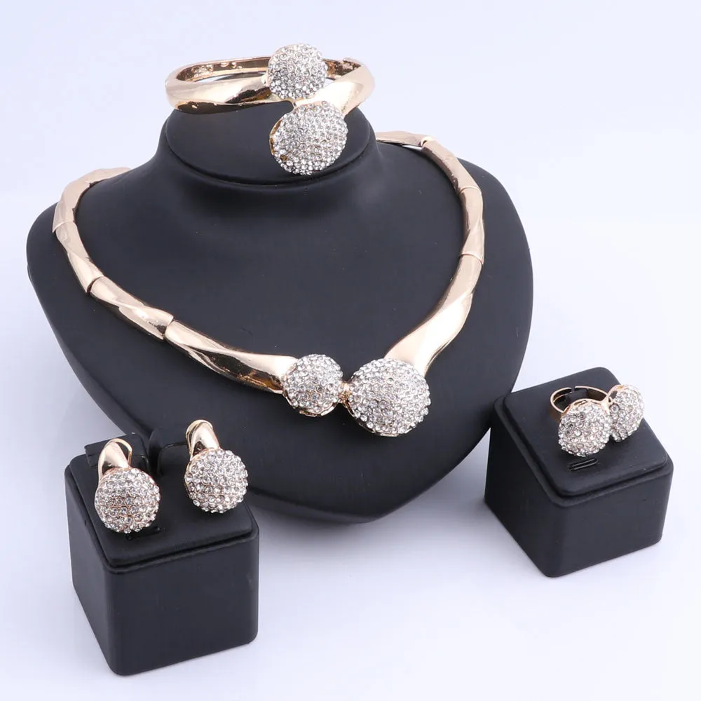 Gold-Plated Crystal Necklace, Bracelet, Earrings & Ring Wedding Statement Jewelry Set